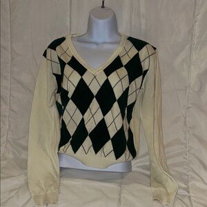 Brandy Melville Cream and Green Argyle V-Neck Sweater
